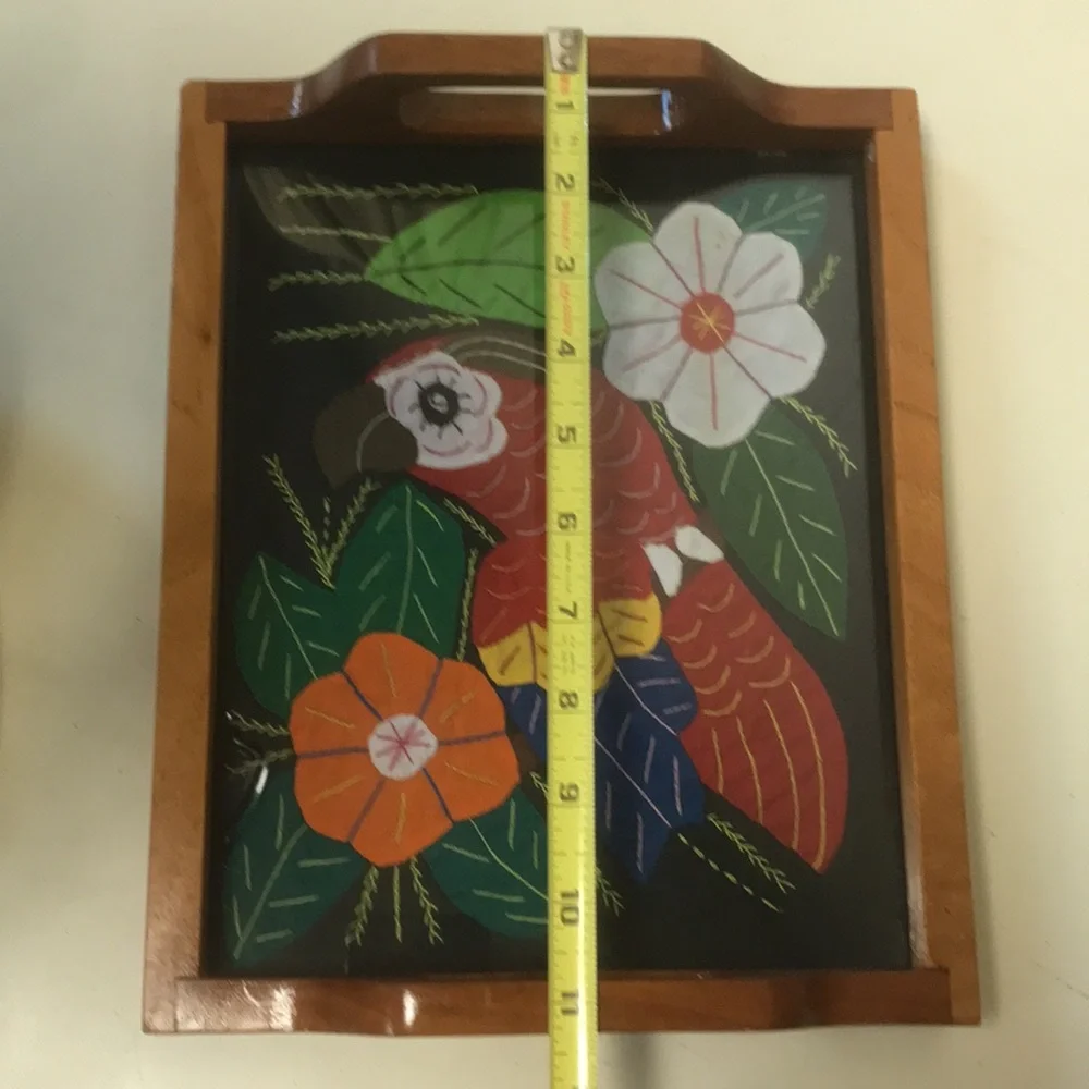 Vintage Wooden Tray w/ Mola Folk Art Parrot & Flowers Fabric Under Glass Surface